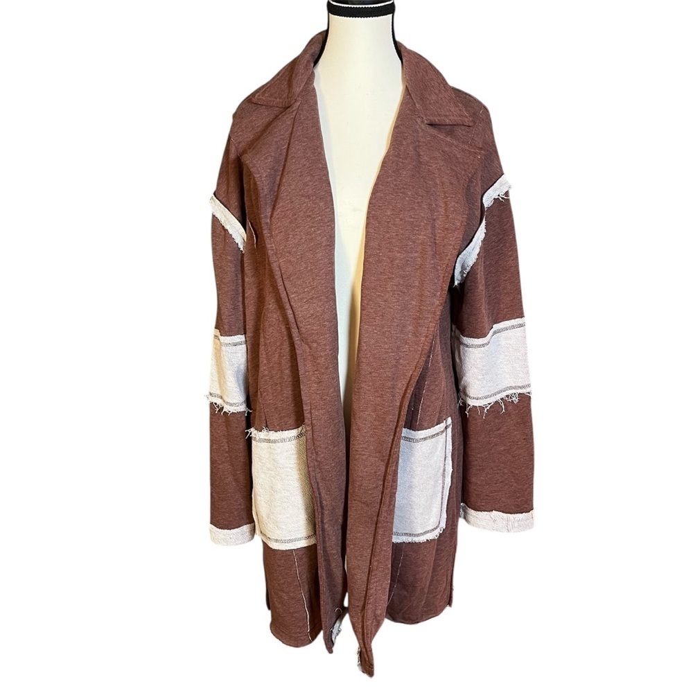 POL Open Front Long Cardigan Brown Cream Pockets Long Sleeve Womens Size Medium
